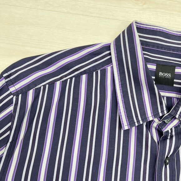 Hugo Boss Button Down Long Sleeve Dress Shirt Men XL Striped Purple Cotton - Picture 5 of 14